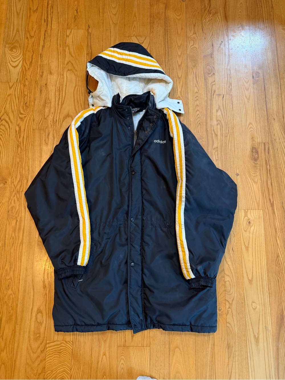 Vintage adidas Black Hooded Coat with Yellow and White Stripes